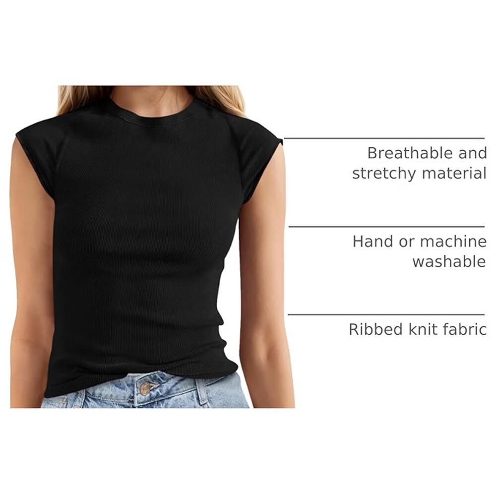Tankaneo Women Cap Sleeve Crew Neck Ribbed Knit Top Black Medium New - Picture 4 of 6